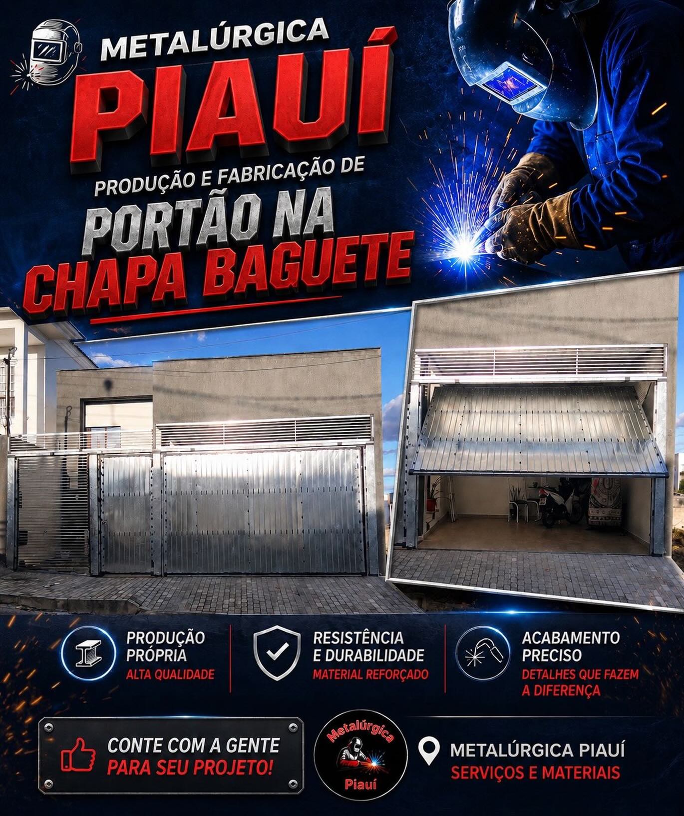 Portão metálico em chapa baguete fabricado pela Metalúrgica Piauí